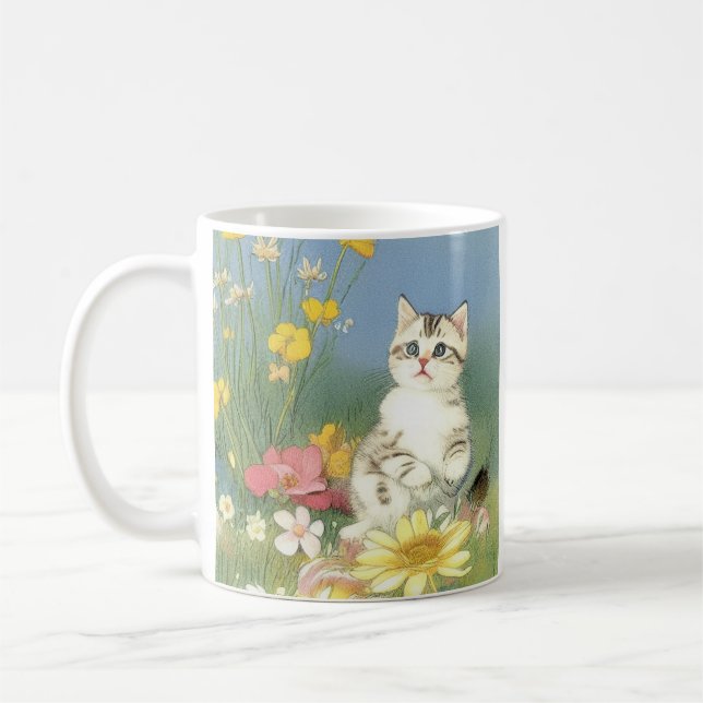 Vintage Kitten Illustration mit gelben Blumen Kaffeetasse (Links)