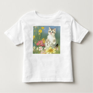 Vintage Kitten Illustration mit gelben Blumen Kleinkind T-shirt