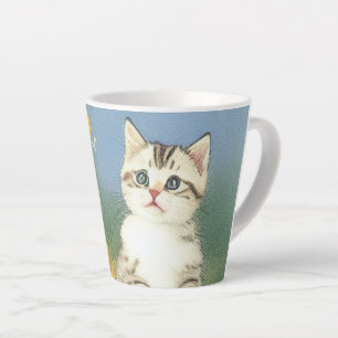 Vintage Kitten Illustration mit gelben Blumen Milchtasse