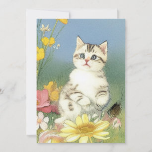 Vintage Kitten Illustration mit gelben Blumen Save The Date