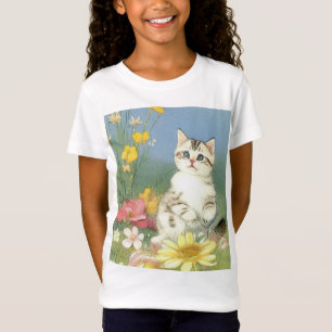 Vintage Kitten Illustration mit gelben Blumen T-Shirt