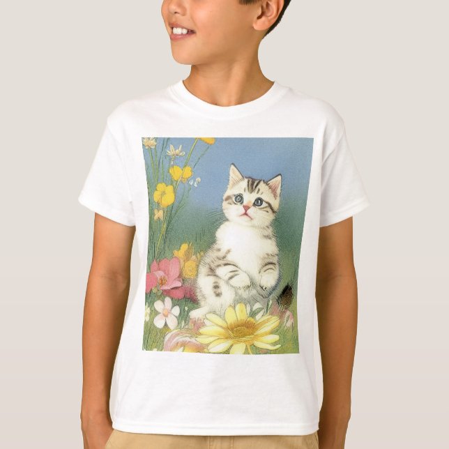 Vintage Kitten Illustration mit gelben Blumen T-Shirt (Vorderseite)