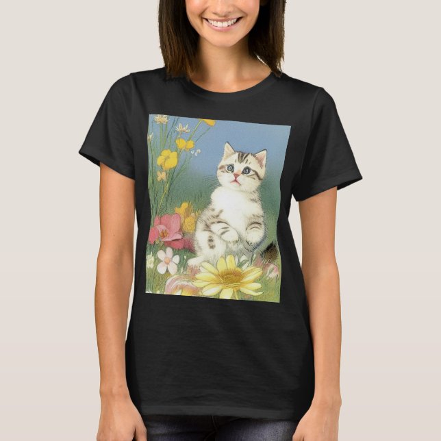 Vintage Kitten Illustration mit gelben Blumen T-Shirt (Vorderseite)