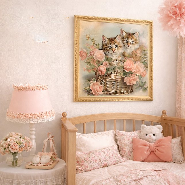 Vintage Kittens Basket Pink Floral Cottage Decor Poster (Vintage kitten in basket wall art )