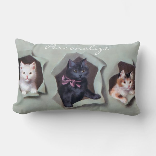Vintage kittens breaking through gift wrap cute lendenkissen (Vorderseite)