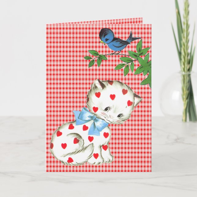 Vintage Kitty mit einem Vogel Geburtstag Karte (Vorderseite)