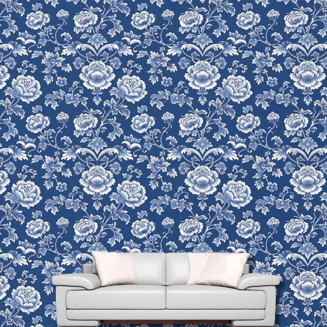 Vintage Klassik Chinoiserie Blau Weiße Blume Tapete (Von Creator hochgeladen)