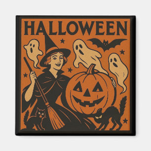 Vintage, klassische Halloween-Hexe, Geist & Kürbis Magnet