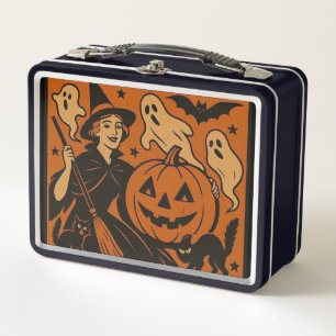 Vintage, klassische Halloween-Hexe, Geist & Kürbis Metall Brotdose