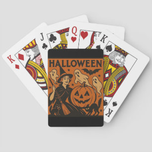 Vintage, klassische Halloween-Hexe, Geist & Kürbis Spielkarten