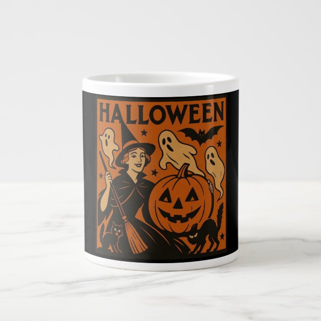 Vintage, klassische Halloween-Hexe, Gespenst & Kür Jumbo-Tasse (Vorderseite)