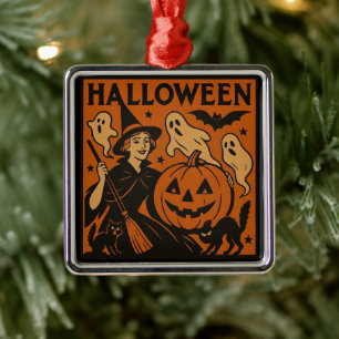 Vintage, klassische Halloween-Hexe, Gespenst & Kür Ornament Aus Metall