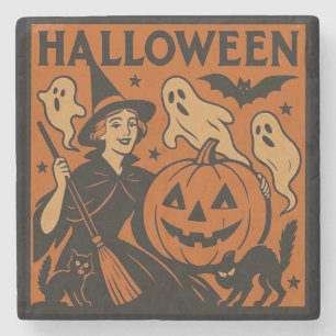 Vintage, klassische Halloween-Hexe, Gespenst & Kür Steinuntersetzer