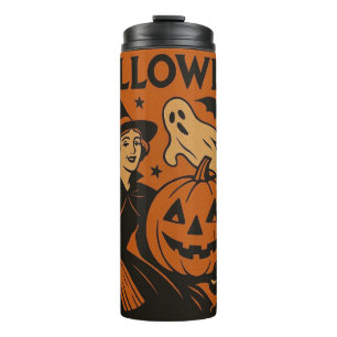 Vintage, klassische Halloween-Hexe, Gespenst & Kür Thermosbecher