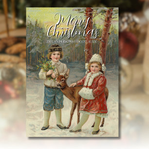 Vintage klassische Winterkinder mit Hirschgeflecht Feiertagskarte