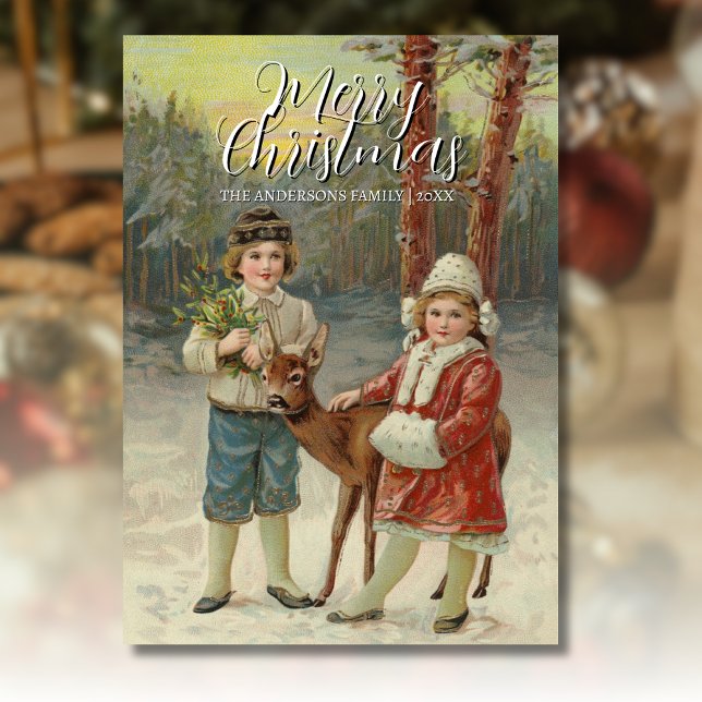 Vintage klassische Winterkinder mit Hirschgeflecht Feiertagskarte (Von Creator hochgeladen)