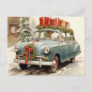 Vintage Klassischer Blauer Weihnachtswagen Feiertagspostkarte