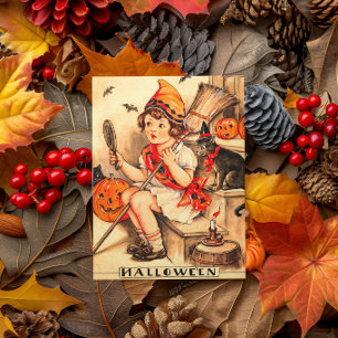 Vintage kleine Halloween-Hexenfrau Feiertagskarte