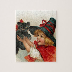 Vintage kleine Hexe Halloweens, die schwarze Katze Puzzle