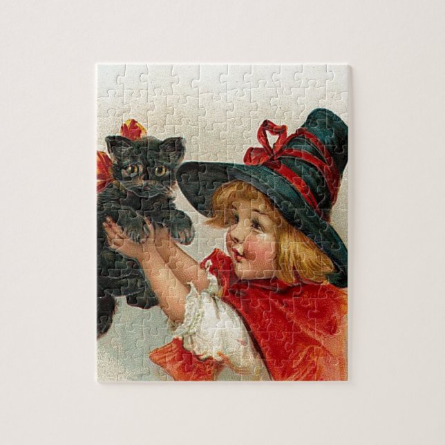 Vintage kleine Hexe Halloweens, die schwarze Katze Puzzle (Vertikal)