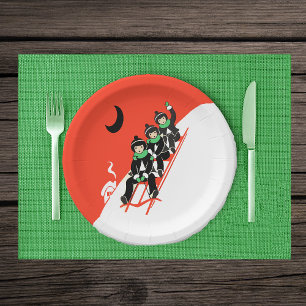 Vintage Kleine Jungen Rodelbahn Snow Moon House Pappteller