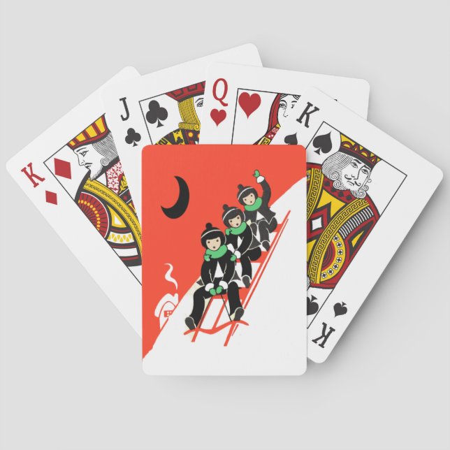 Vintage Kleine Jungen Rodelbahn Snow Moon House Spielkarten (Rückseite)