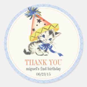 Vintage kleine Katze mit Partyhut als Partygeschen Runder Aufkleber