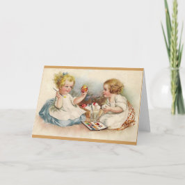 Vintage kleine Mädchen, die Ostereier färben Feiertagskarte