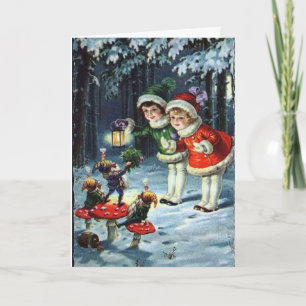 Vintage kleine Mädchen mit Weihnachtsbrunnen Karte