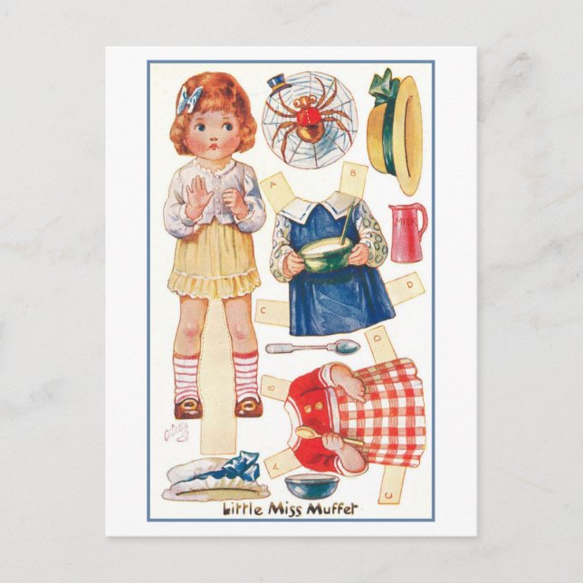 Vintage kleine Miss Muffet Papierpuppe Postkarte (Vorderseite)