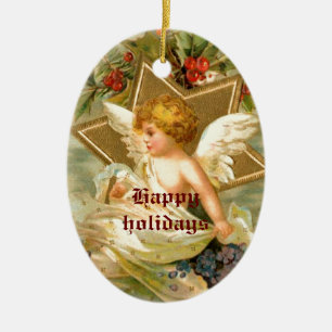 Vintage kleiner süßer Weihnachtsengel und Stern Keramik Ornament