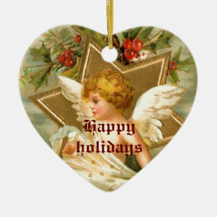 Vintage kleiner süßer Weihnachtsengel und Stern Keramik Ornament