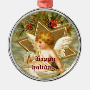Vintage kleiner süßer Weihnachtsengel und Stern Silbernes Ornament