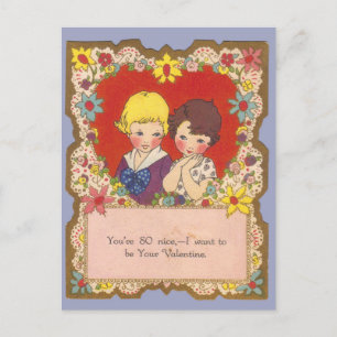 Vintage kleines Mädchen und Junge im Herzen Valent Postkarte
