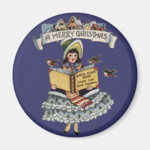 Vintage Kleines Mädchen und Weihnachtsmann Buch Magnet