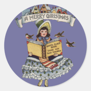 Vintage Kleines Mädchen und Weihnachtsmann Santa C Runder Aufkleber