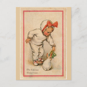 Vintage Kleinkind füttert Osterhäschen Postkarte