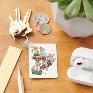 Vintage Kleinkinder spielen mit Feuerwehrfahrzeuge Schlüsselanhänger