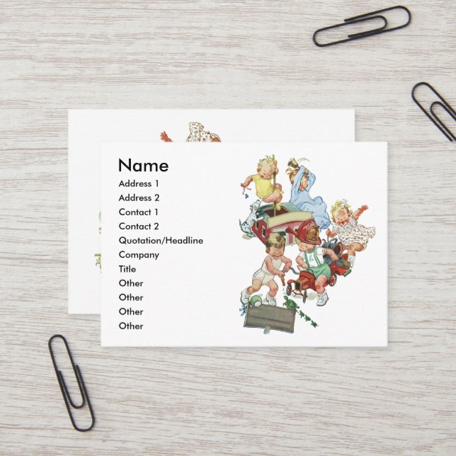 Vintage Kleinkinder spielen mit Feuerwehrfahrzeuge Visitenkarte (Vorderseite/Rückseite Beispiel)