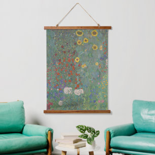 Vintage Klimt Bauerngarten Sonnenblumen Blumengemä Wandteppich Mit Holzrahmen