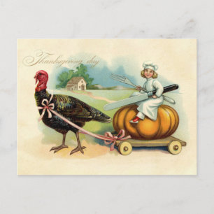 Vintage-Koch auf riesigem Kürbis reitend zum Ernte Postkarte