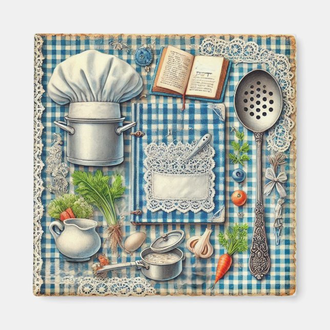 Vintage Kochutensilien auf Blue Tablecloth Magnet (Vorne)