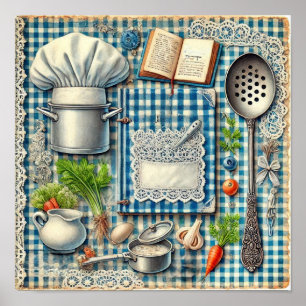 Vintage Kochutensilien auf Blue Tablecloth Poster