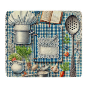Vintage Kochutensilien auf Blue Tablecloth Schneidebrett