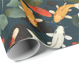 Vintage-Koi-Fische und Lotusgarten auf tiefem Blau Geschenkpapier
