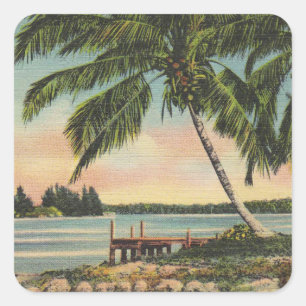 Vintage Kokospalmen Tropischer Sonnenuntergang Quadratischer Aufkleber