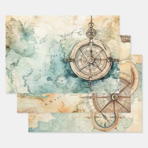 Vintage Kompass und alte nautische Karte Geschenkpapier Set