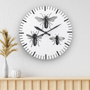 Vintage Königin Biene & arbeitende Bienen Illustra Große Wanduhr