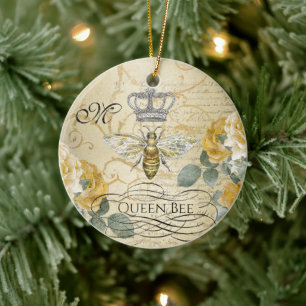 Vintage Königin Biene Gelbe Blumenmonogramm Initia Keramik Ornament