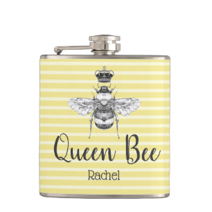 Vintage Königin-Biene u. Streifen   personalisiert Flachmann